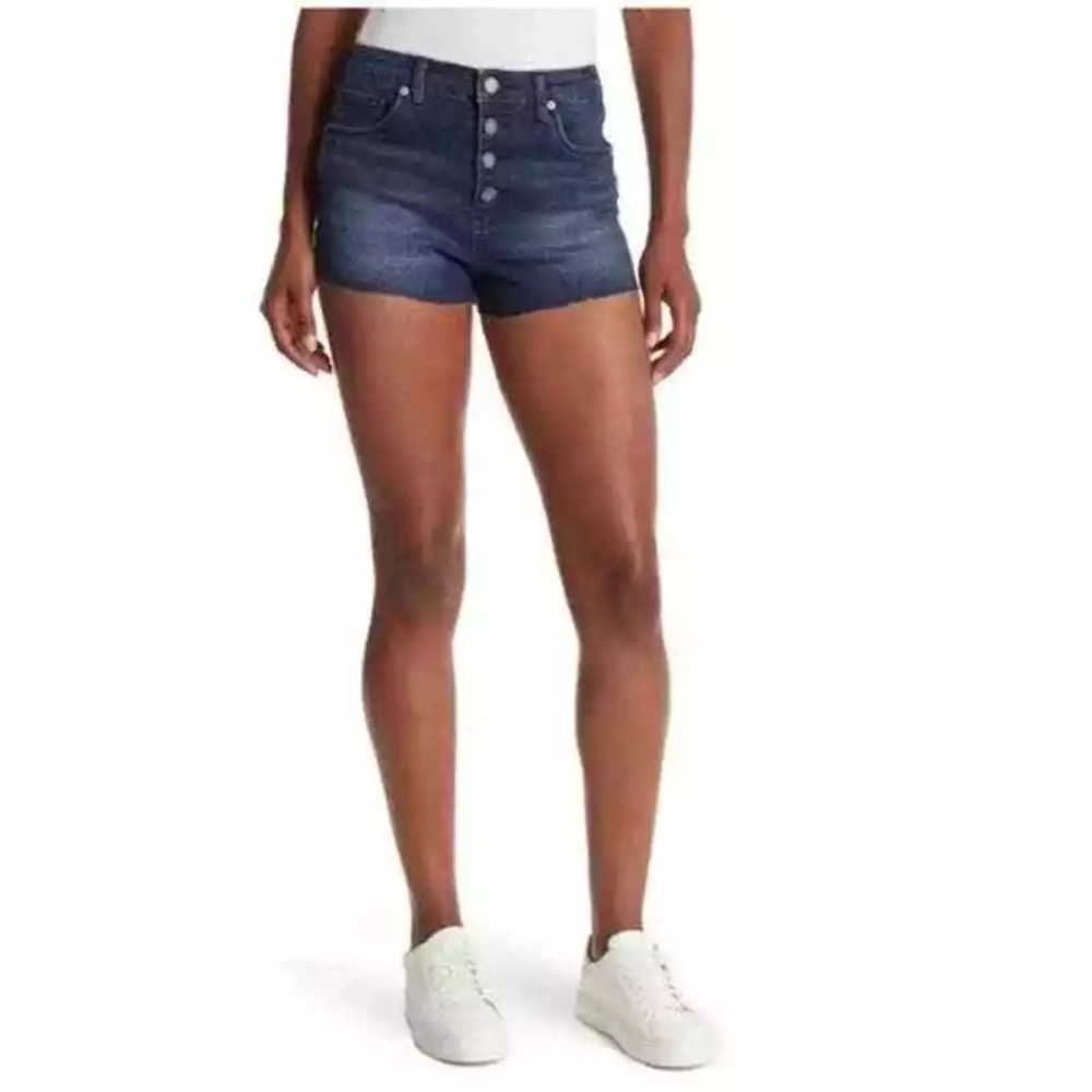 New Blank NYC The Lenox Cut Off Shorts Size 26 Exposed Buttons Dark Wash